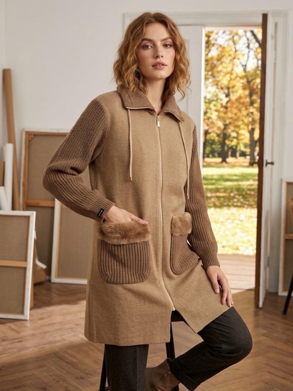 Rivo Fur long brown cashmere Luxury Custom Sweater NWT SIZE M/L